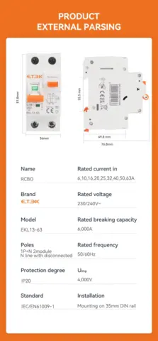 Диференціальний автомат (дифавтомат) ETEK RCBO EKL13 тип А 16А/30мА (6кА) — Photo 5