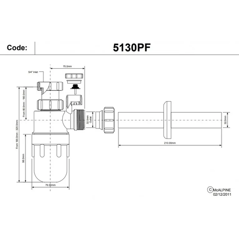 Сифон для умивальника 1.1/4"х32 мм з повітряним клапаном McAlpine 5130PF — Photo 3