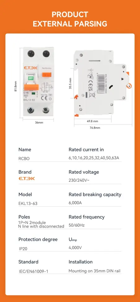 Диференціальний автомат (дифавтомат) ETEK RCBO EKL13 тип А 16А/30мА (6кА) — Photo 2