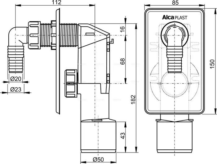 Сифон для пральної машини під штукатурку хромований Alca Drain APS3 — Photo 1