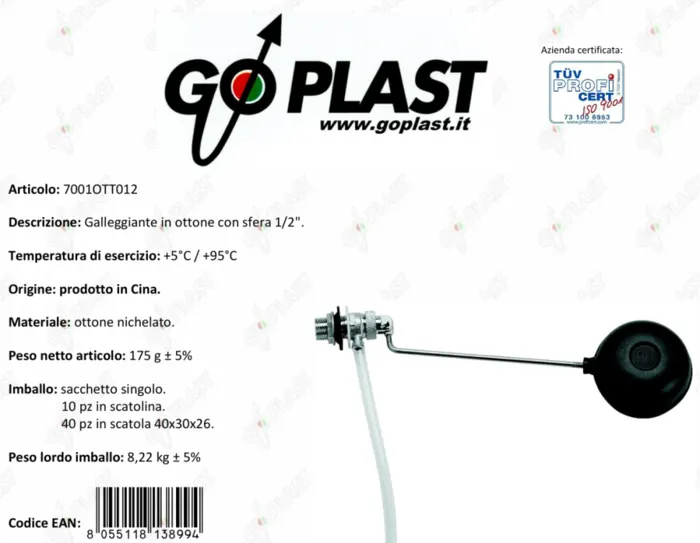 Клапан поплавковий Go-Plast 1/2" для унітазу з пластиковою кулею (7001OTT012) — Photo 2